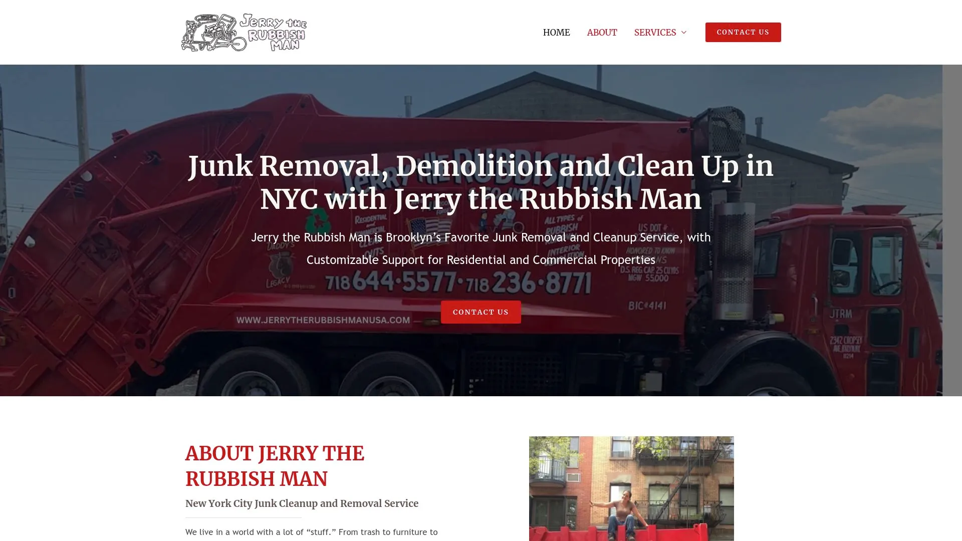 Jerry the Rubbish Man homepage showing its Brooklyn-based junk removal services.