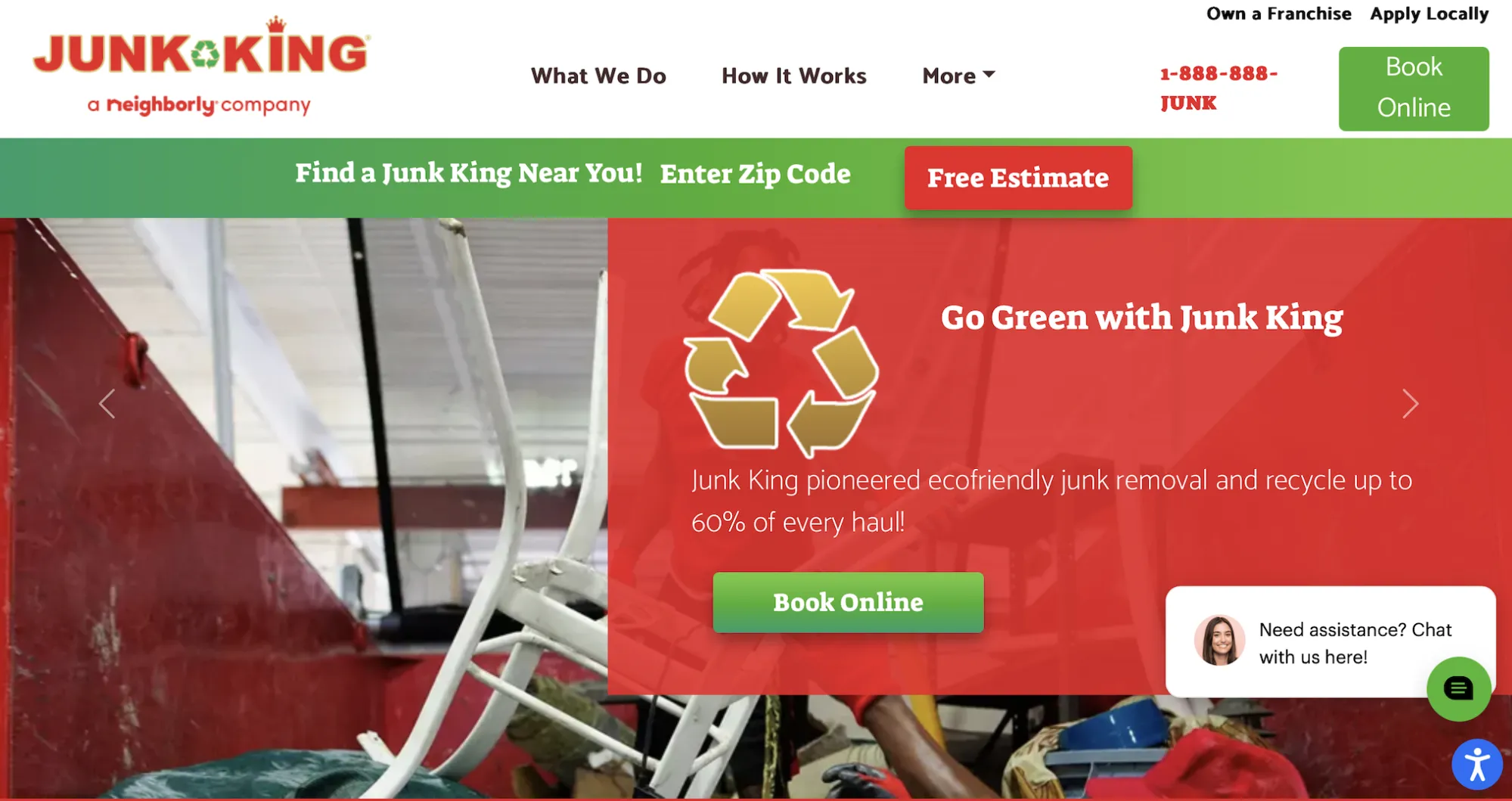 Junk King homepage showing its commitment to recycling.