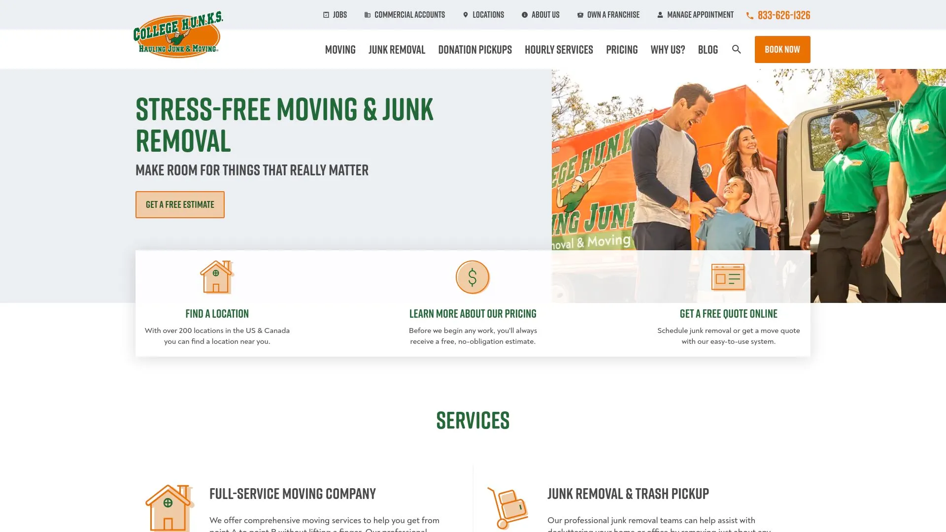 College Hunks Hauling Junk homepage showing its range of junk removal services in North Carolina.