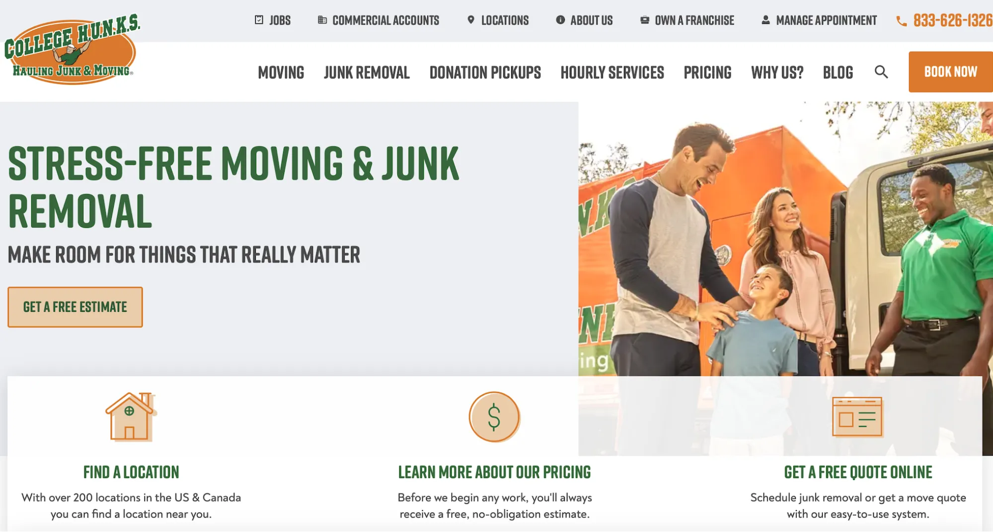 College Hunks Hauling Junk homepage showing both its junk removal and moving services.