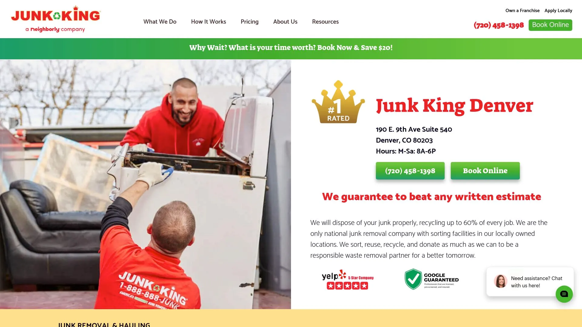 Junk King Denver homepage showing its commitment to environmentally-friendly practices. 